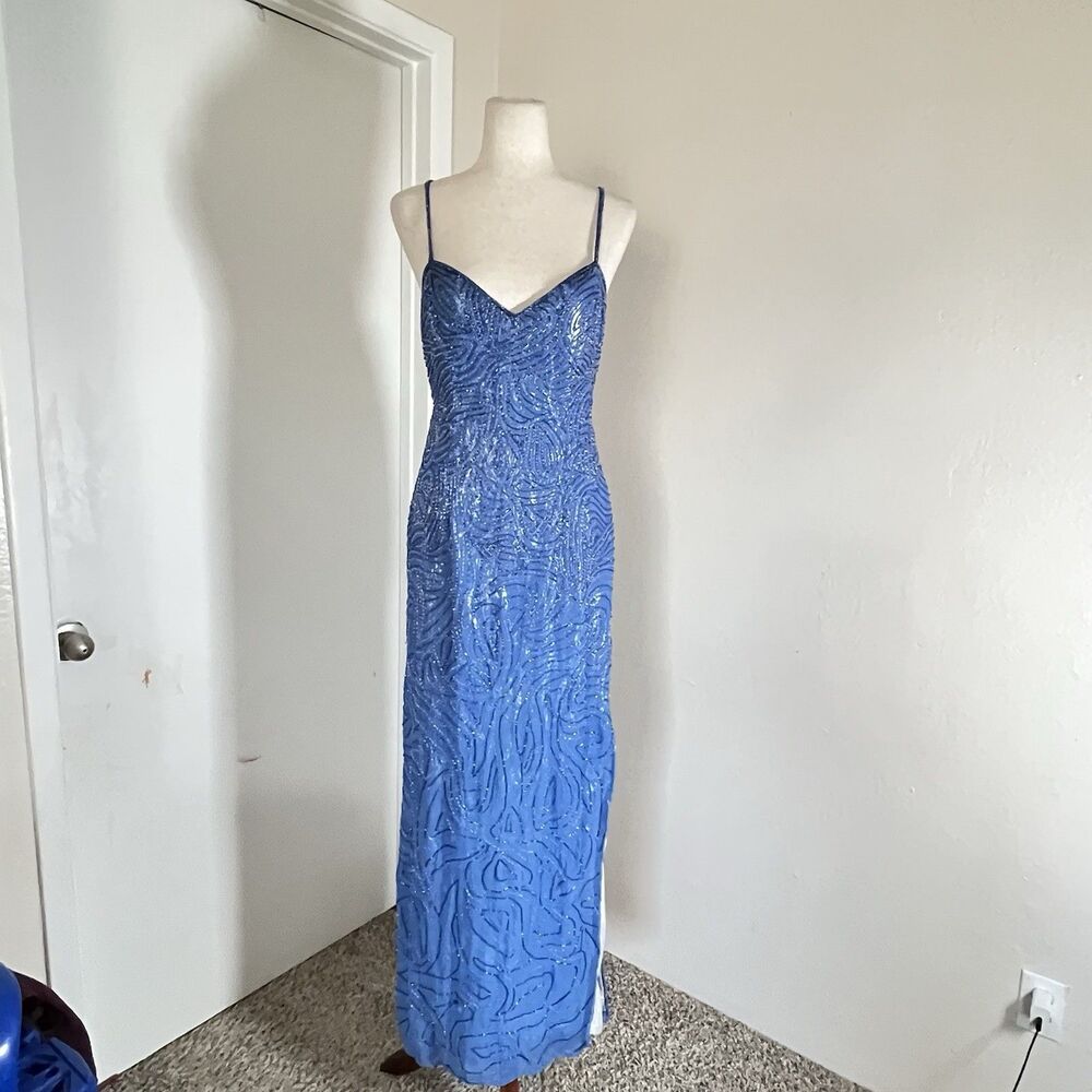 Mia Bella Blue Beaded Formal Dress Gown Backless Sz S/M